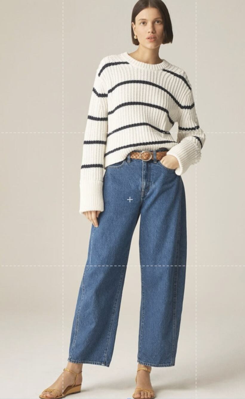 J.Crew Heritage Chunky Cotton Fisherman Crewneck Sweater WMN M Ivory Navy CG685